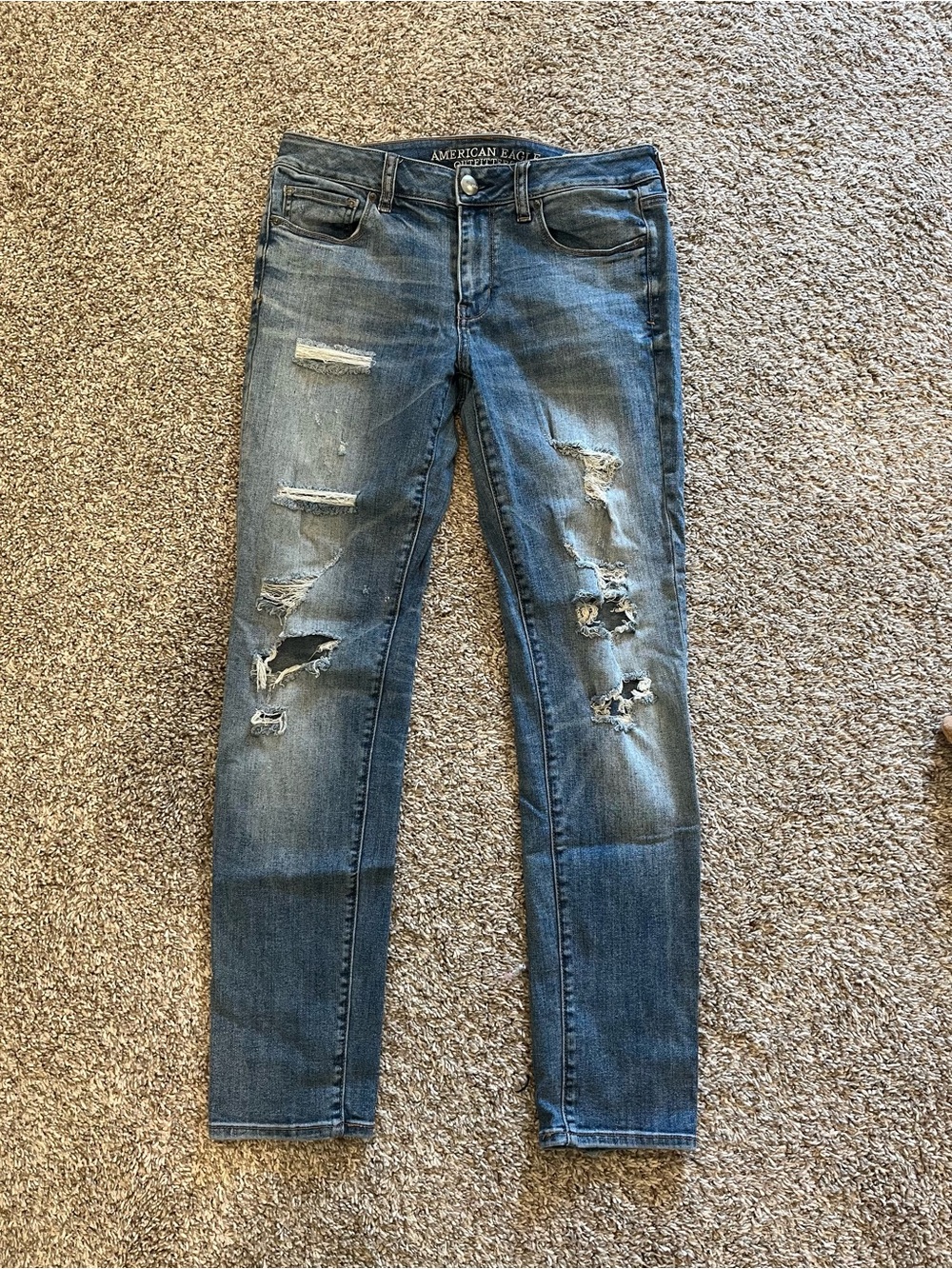 American Eagle Outfitters Distressed Skinny Jeans in Medium Blue Wash